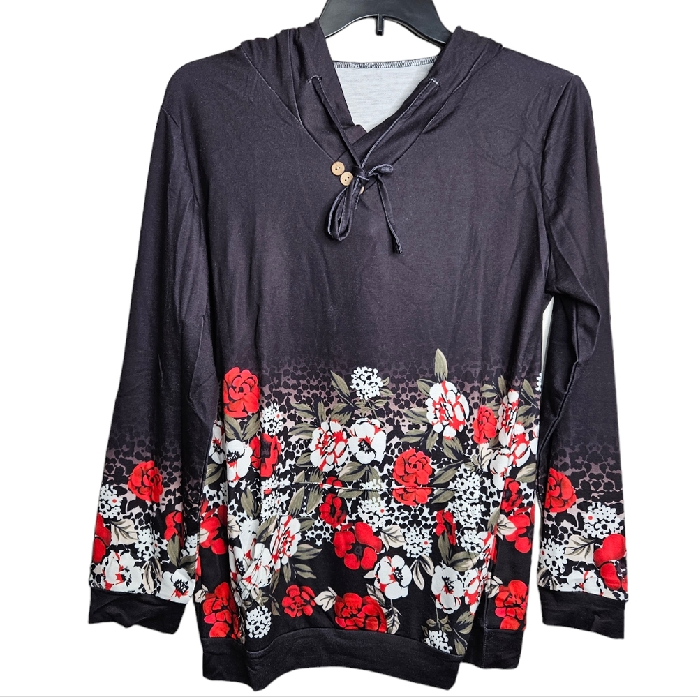 Women's Black Floral Print Hoodie Pocket Pullover NWOT Size Large